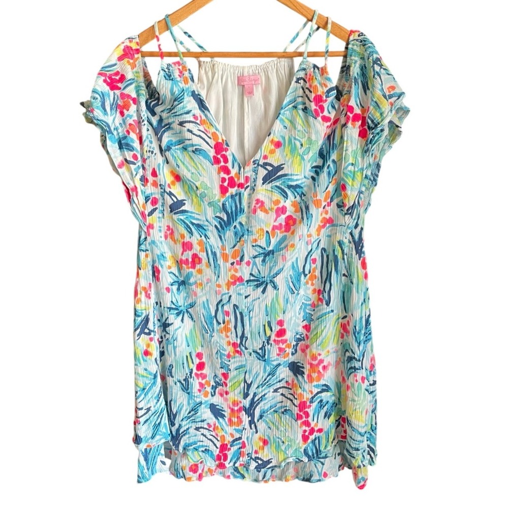 Lilly Pulitzer‎ Bellamie Dress Size L Serene Blue Floral Cold Shoulder Coastal